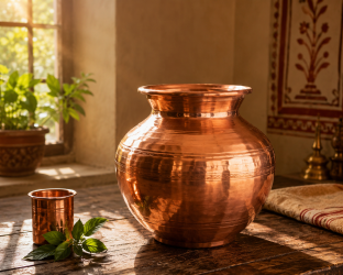 A traditional, polished Indian copper water pot sitting on a rustic wooden table, illuminated by soft morning light filtering through a window.