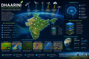 Dhaarini Earth Observation AI platform visualized with India map, satellite imagery, AI neural networks, geospatial data streams, weather analytics, and Earth intelligence monitoring infrastructure.