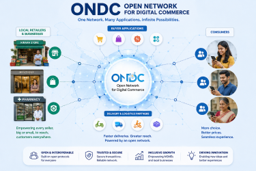 A conceptual digital network graphic linking local retail stores, delivery partners, and consumers, symbolizing India's Open Network for Digital Commerce infrastructure.