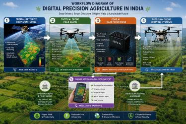 Workflow diagram of digital precision agriculture in India showing orbital satellite crop monitoring, tactical drone field scans, edge AI data processing, and precision drone spraying systems on a field.