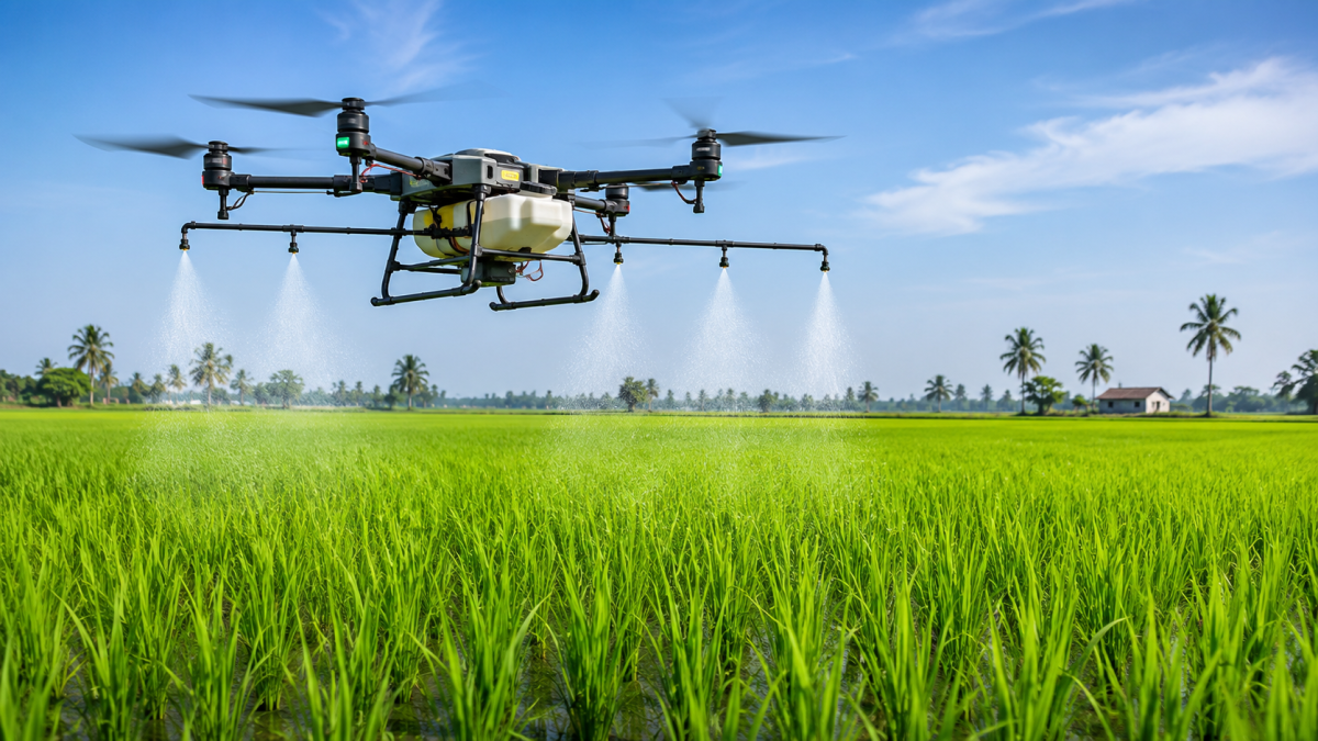 An agricultural drone spraying liquid fertilizer precisely over a lush green paddy field under a clear blue sky.