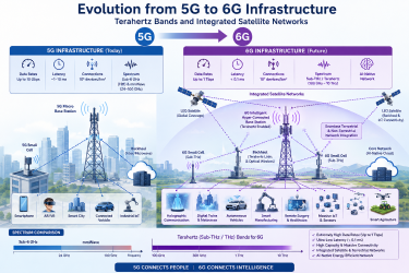 Labeled diagram showing the evolution of wireless technology from 5G to 6G infrastructure, highlighting Terahertz bands and integrated satellite networks.