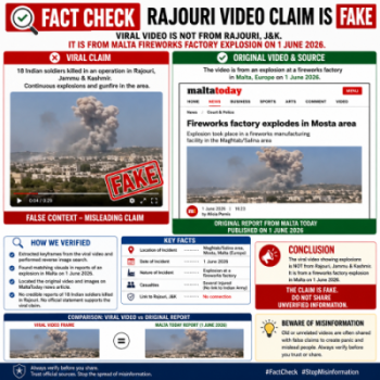Infographic debunking the fake Rajouri video by showcasing the original Malta fireworks factory explosion news report from June 2026.