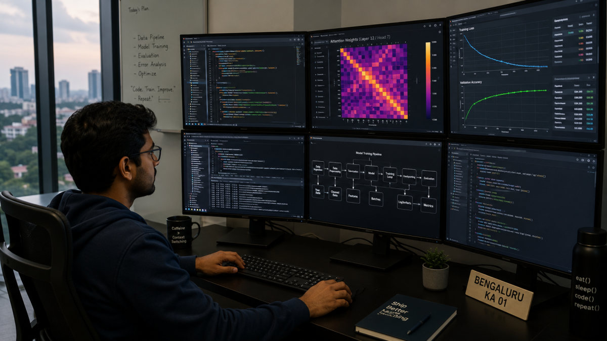 A software engineer in Bengaluru reviewing neural network training matrices and Python code pipelines across multiple high-resolution desktop monitors
