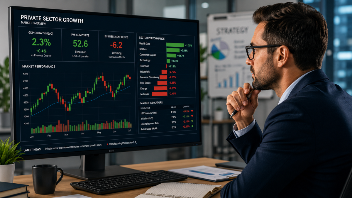 A professional financial advisor analyzing green and red stock market data charts on a computer screen representing private sector growth.