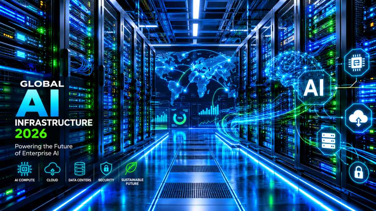 A high-tech server room inside a modern data center with glowing blue and green LED lights on server racks, representing global enterprise AI infrastructure trends in 2026.