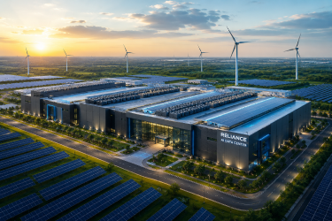 A high-tech, modern aerial or conceptual shot of a sustainable hyperscale data center complex surrounded by solar panels or wind turbines.