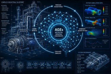 Complex industrial blueprint overlapping with a digital neural network schematic, symbolizing Artificial General Engineers (AGEs) looping through physics simulation data.