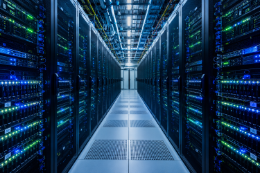 A high-performance hyperscale data centre interior showing rows of high-density server racks with blue and green LED indicator lights illuminating the hardware architecture.