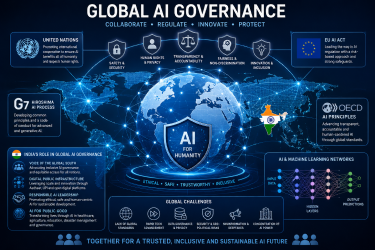 A visual representation of global AI governance initiatives featuring interconnected digital world maps, symbolic security shields, and abstract machine learning networks.