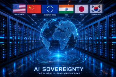 A massive national exascale supercomputer room showcasing rows of glowing server racks, representing the global AI sovereignty and supercomputer race.