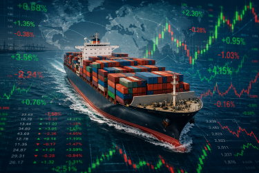 A large container ship sailing over an overlay of fluctuating green and red stock market data charts and percentages, symbolizing volatile global trade patterns.