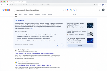 A screenshot of a modern desktop browser showing Google AI Search features and an AI Overview box summarizing text above traditional organic search links.