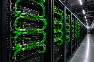 A rows of server racks inside a modern data center with glowing green liquid-cooling tubes attached to high-performance GPU processors.