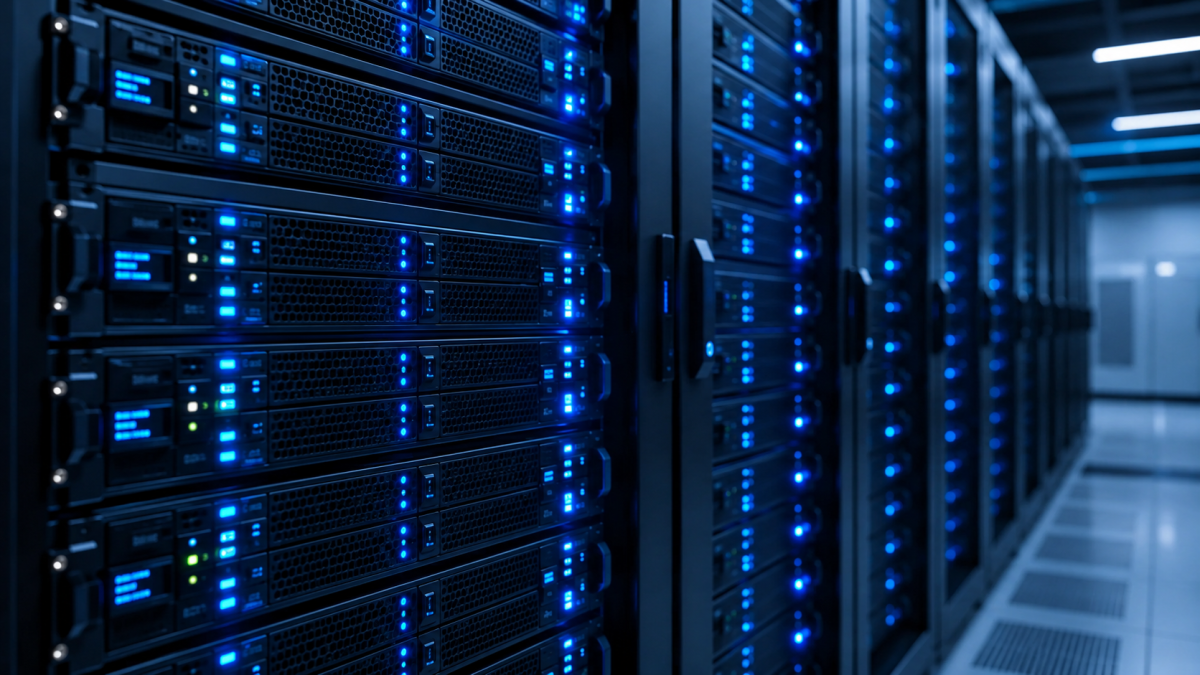 Close-up of modern high-density AI server racks glowing with blue LED indicator lights inside a clean data center facility.