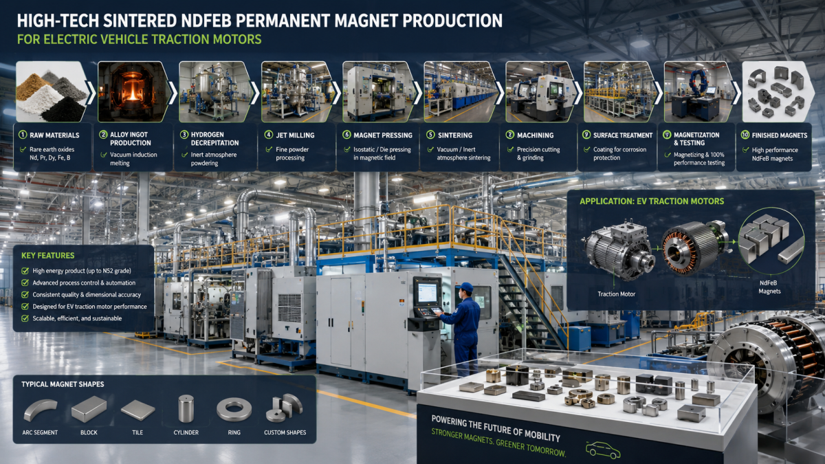 Industrial factory line producing high-tech sintered NdFeB permanent magnets for electric vehicle traction motors.