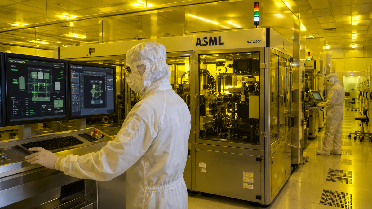 Cleanroom technicians wearing full protective bunny suits monitoring automation systems inside a modern semiconductor fabrication facility with yellow lithography lighting.