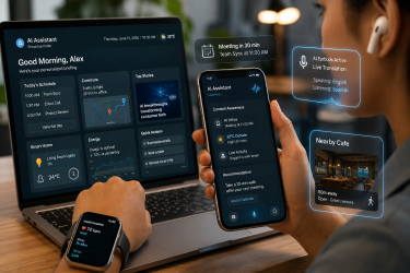 Close-up of a person using AI-first consumer technology smart devices displaying on-screen context awareness in 2026.