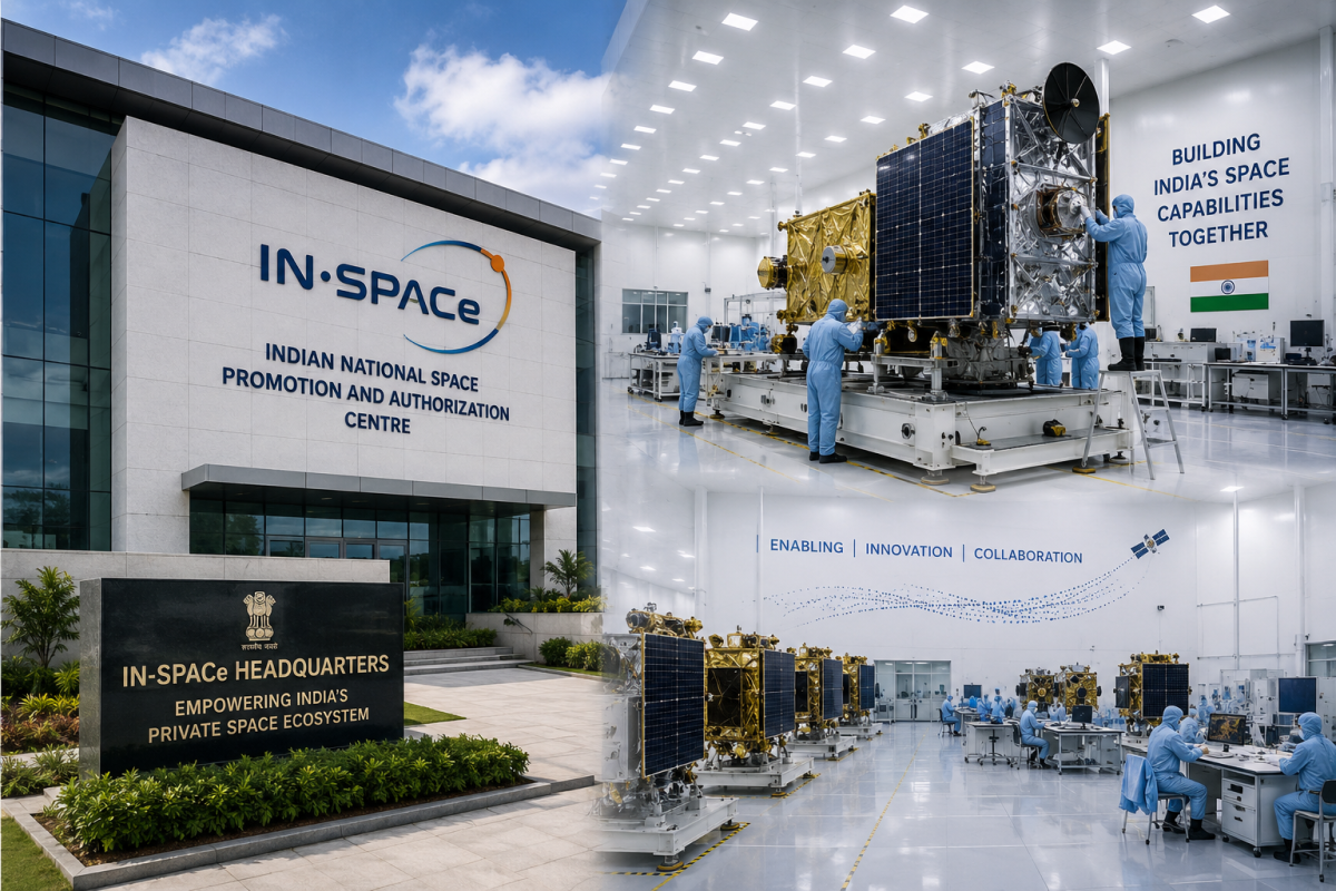 An architectural view of the IN-SPACe headquarters logo alongside modern satellite assembly cleanrooms. High Resolution