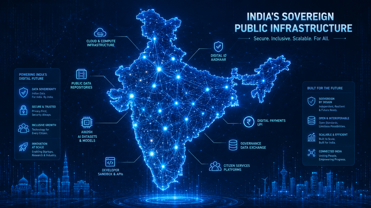 A conceptual, high-tech map of India illuminated by glowing blue data nodes and digital networks representing sovereign public infrastructure.