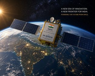 Artistic rendering of a private commercial satellite orbiting Earth, symbolizing the growth of the India space tech ecosystem.