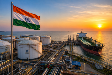 An Indian flag waving at a modern sea-facing petroleum terminal with huge white storage tanks, crude oil pipelines, and an ocean tanker docking in the background during a clear sunset.