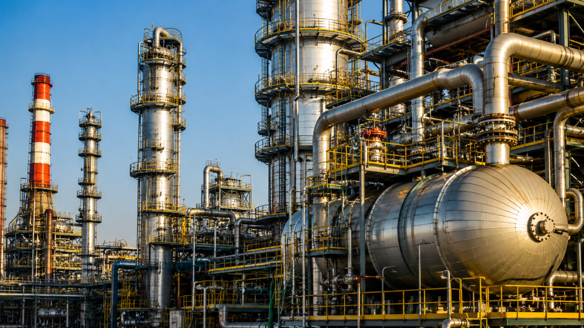 Close-up of a modern industrial oil refinery facility processing petroleum under a clear sky, representing India's domestic energy infrastructure.