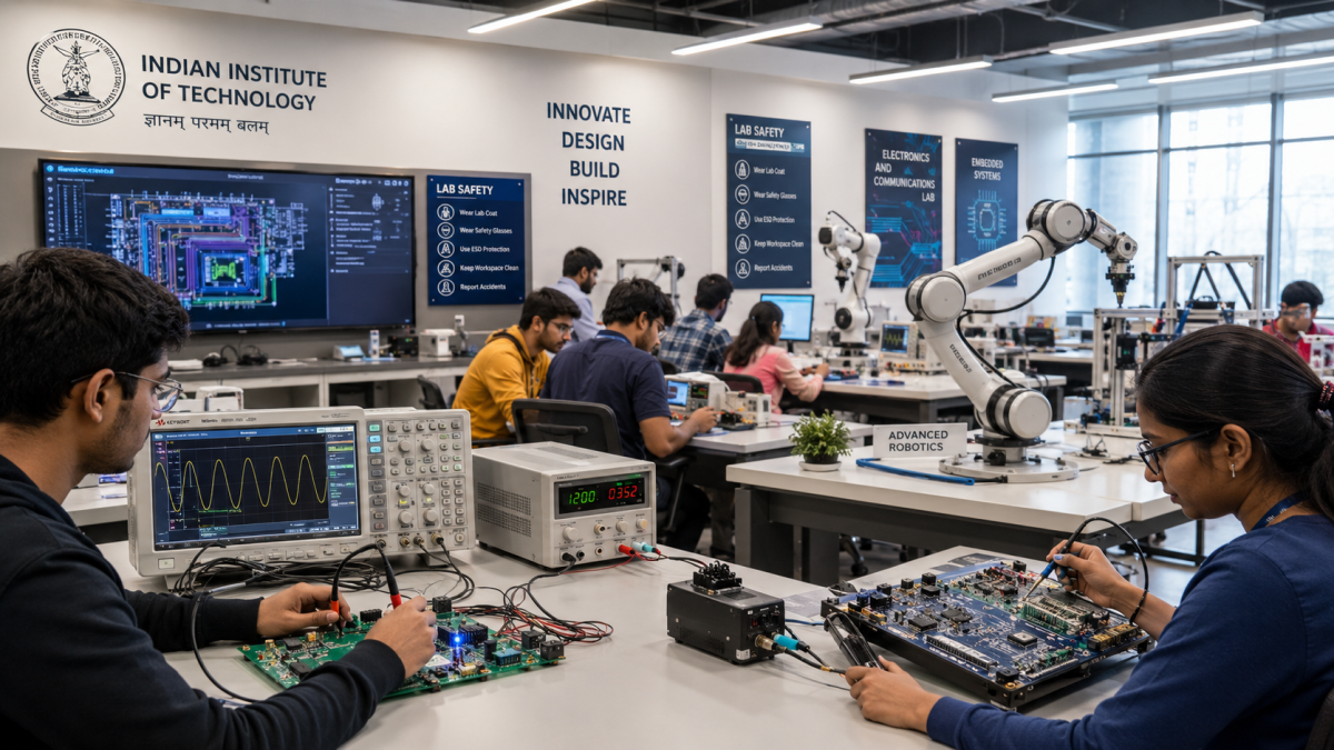 A state-of-the-art electronics laboratory inside an Indian engineering institute, featuring students working with oscilloscopes, robotic arms, and advanced circuit boards.