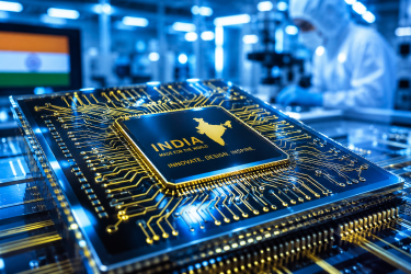 A close-up, high-tech view of a shiny silicon microchip etched with intricate gold circuitry patterns, glowing under blue and white laboratory cleanroom lights, representing advanced technological innovation in India.