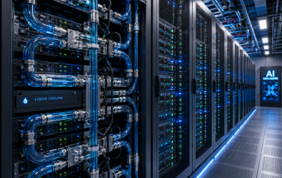 high-density AI data center server racks featuring advanced liquid cooling pipe systems