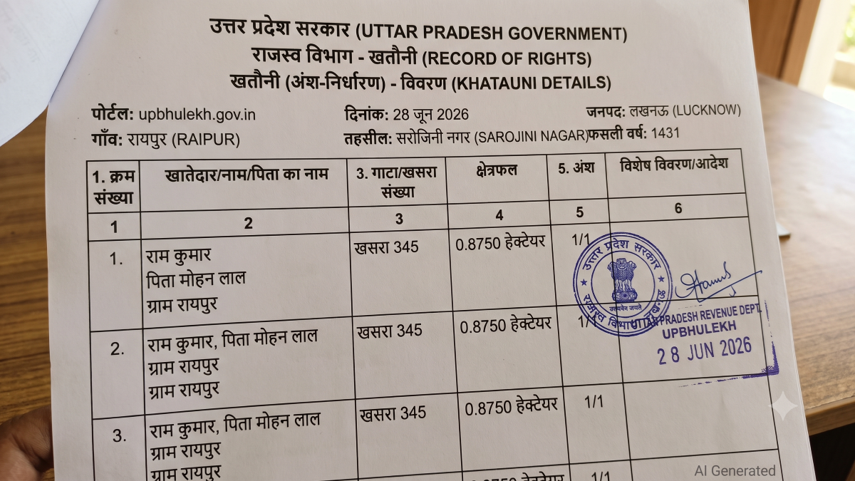 A detailed close-up of an official Uttar Pradesh land record document (Khatauni) generated from the UP Bhulekh portal.