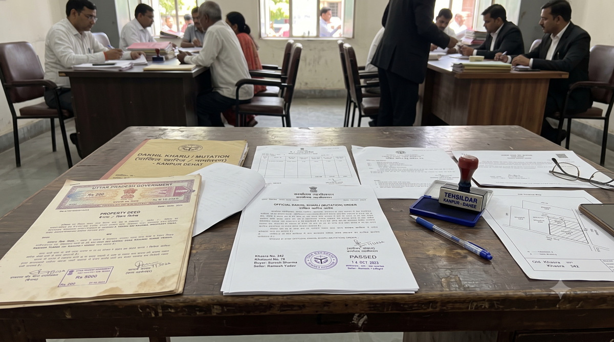 Official land record documents and property deeds laid out on a table representing the UP property mutation process Dakhil Kharij