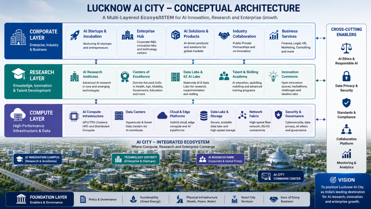Conceptual architecture diagram illustrating the computing, research, and corporate layers of the upcoming Lucknow AI City.