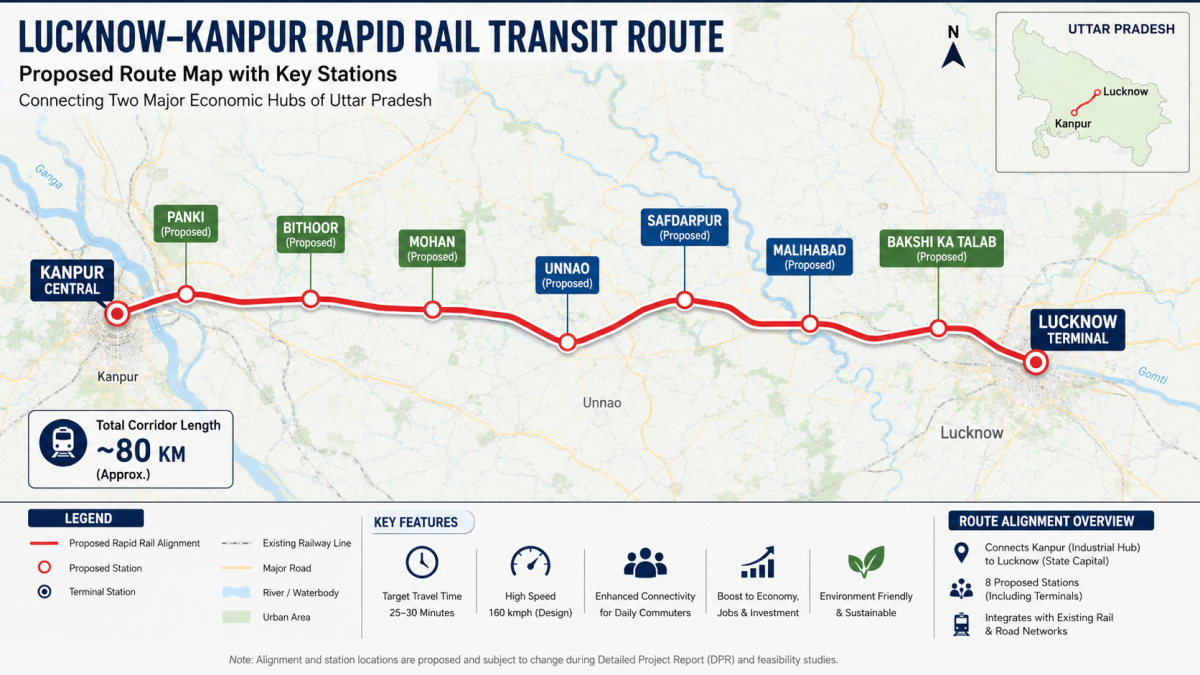 Map of the Lucknow-Kanpur Rapid Rail Transit route showing proposed key stations and alignment across central Uttar Pradesh