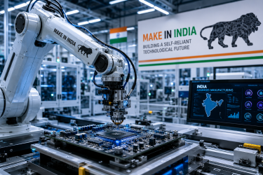 An automated robotic arm assembling a high-tech circuit board in a modern Indian advanced manufacturing facility under the Make in India initiative.