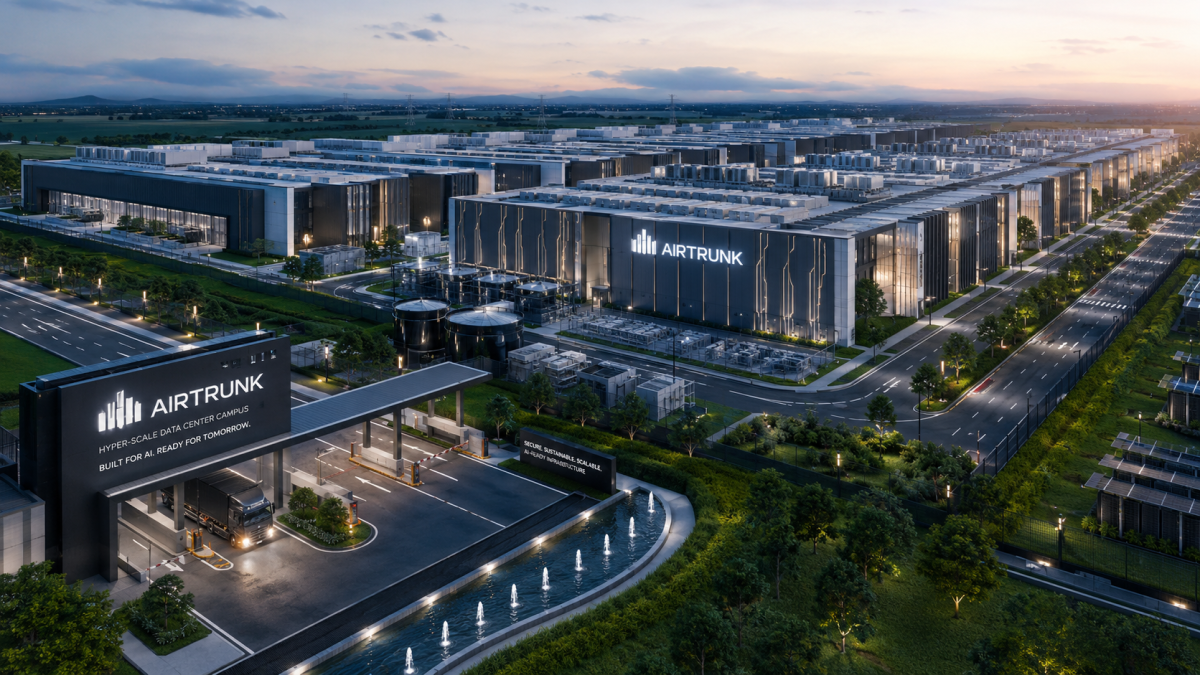 Modern architectural exterior layout of a massive AirTrunk hyper-scale data center campus optimized for generative AI and cloud infrastructure workloads