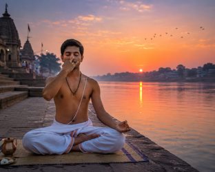 A serene practitioner sitting in a meditative cross-legged lotus posture at a riverbank during dawn twilight, performing morning yoga breathwork and meditation before sunrise.