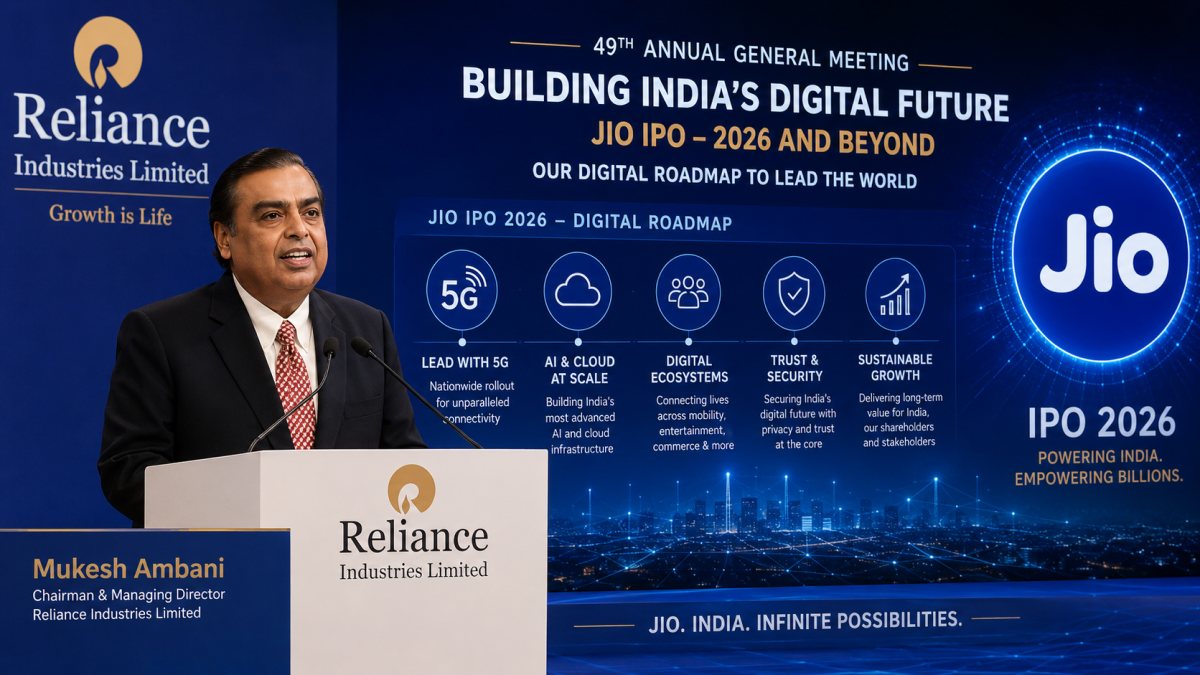 Mukesh Ambani, Chairman of Reliance Industries Limited, addressing shareholders at the 49th Annual General Meeting (AGM), presenting the 2026 digital roadmap for the Jio IPO.