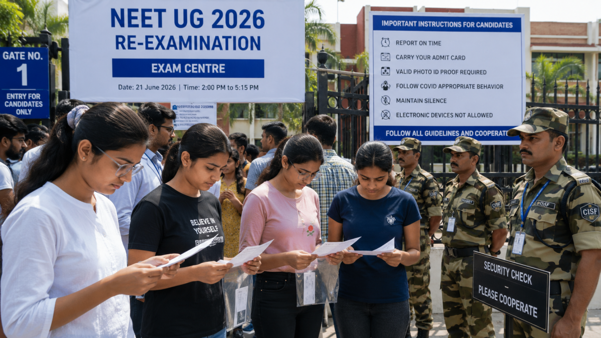 Medical aspirants standing outside a NEET UG 2026 re-examination center in India, checking their admit cards under tight security protocols.