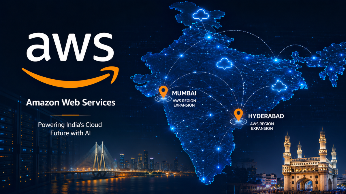 Amazon Web Services logo displayed alongside a high-tech digital map layout representing cloud connectivity across major hubs in Mumbai and Hyderabad.