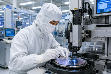 A semiconductor technician wearing a full white sterile cleanroom bunny suit, mask, and protective gloves works with precision equipment inside an advanced microchip manufacturing facility under bright, clinical lighting.