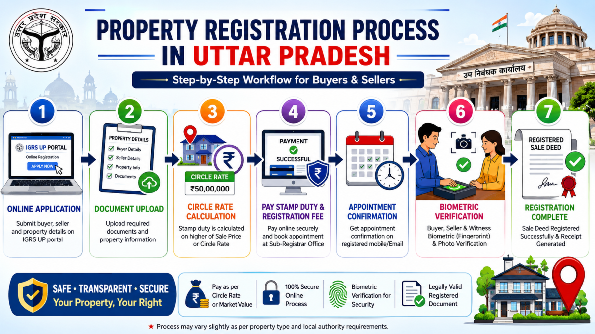 Labeled diagram of a step-by-step property registration workflow in Uttar Pradesh showing online application, circle rate calculation, and biometric verification.
