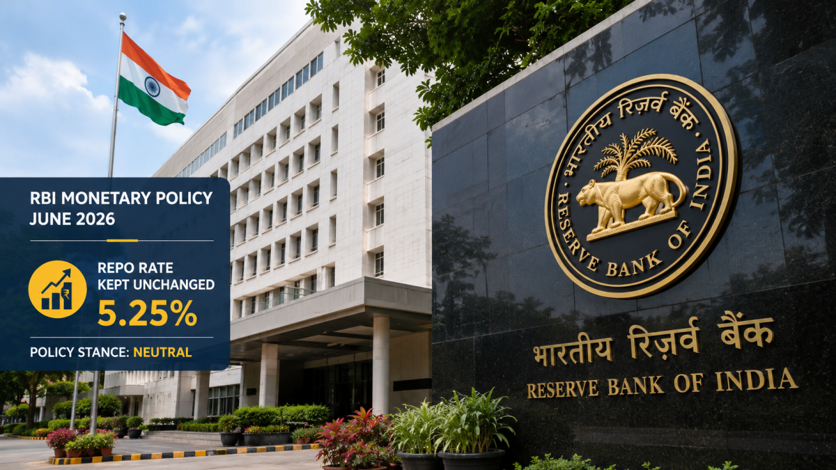 The exterior view of the Reserve Bank of India (RBI) headquarters building in Mumbai, representing the central bank's June 2026 monetary policy announcement to keep the repo rate stable at 5.25%.