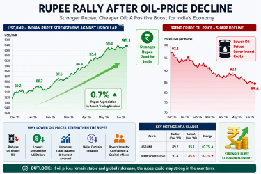 A detailed economic chart displaying the upward trajectory of the Indian Rupee against the US Dollar alongside a declining oil barrel price graphic.