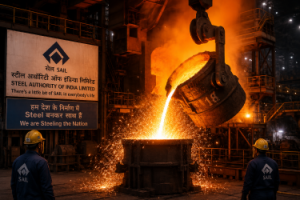Molten metal pouring in a steel factory representing Steel Authority of India Limited SAIL industrial operations.