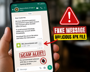 A person holding a smartphone showing a fake WhatsApp message from the RBI, with a red warning symbol highlighting a malicious APK file download.