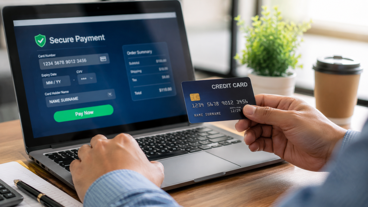 Close-up of an individual using a credit card to pay safely online via a laptop, illustrating financial planning.