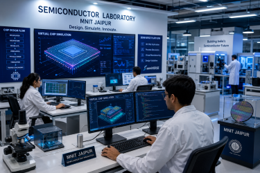 Modern state-of-the-art semiconductor laboratory inside MNIT Jaipur with researchers working on virtual chip simulation platforms.
