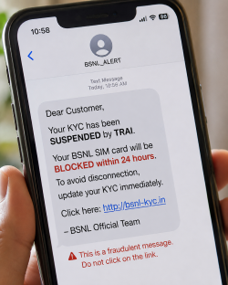 A close-up shot of a smartphone screen displaying a fraudulent text alert claiming a 24-hour SIM deactivation timeline.