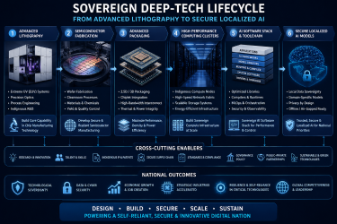 Process flowchart tracing the sovereign deep-tech lifecycle from advanced lithography and semiconductor packaging to high-performance computing clusters and secure localized AI models.